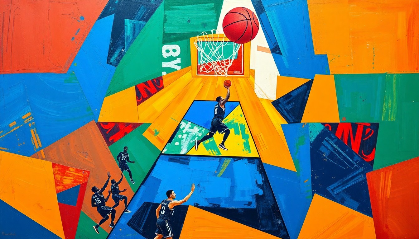 A cubist, geometric painting depicting an abstract basketball game, with sharp, overlapping shapes in vibrant colors representing the dynamic changes expected in the NBA's playoff picture.