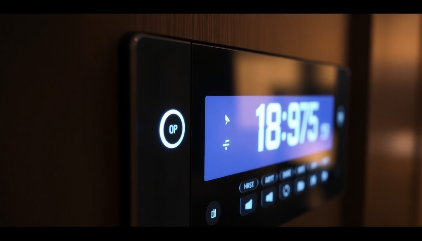 An abstract close-up photograph of a shiny, metallic smart home control panel with a glowing digital display, capturing the modern, high-end aesthetic of the HGTV Smart Home.