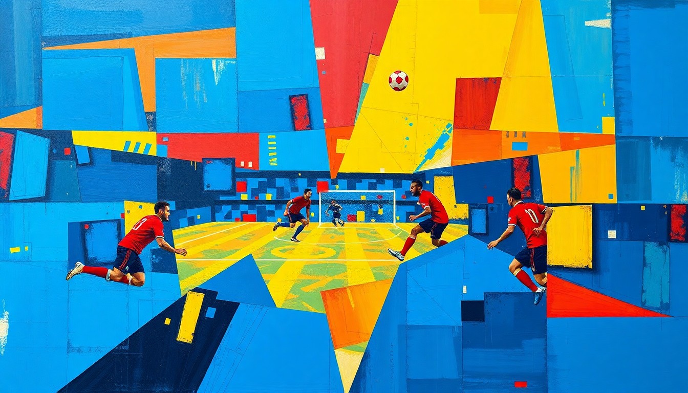 A fragmented, cubist-style painting depicting the chaotic action of a soccer match, with players and the ball broken down into sharp, overlapping geometric shapes in a vibrant color palette.