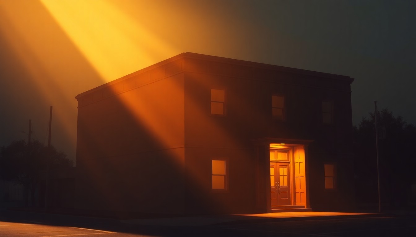 A serene, cinematic painting of a county courthouse building, with warm sunlight casting long shadows across the facade, capturing the quiet dignity and civic pride of the structure.