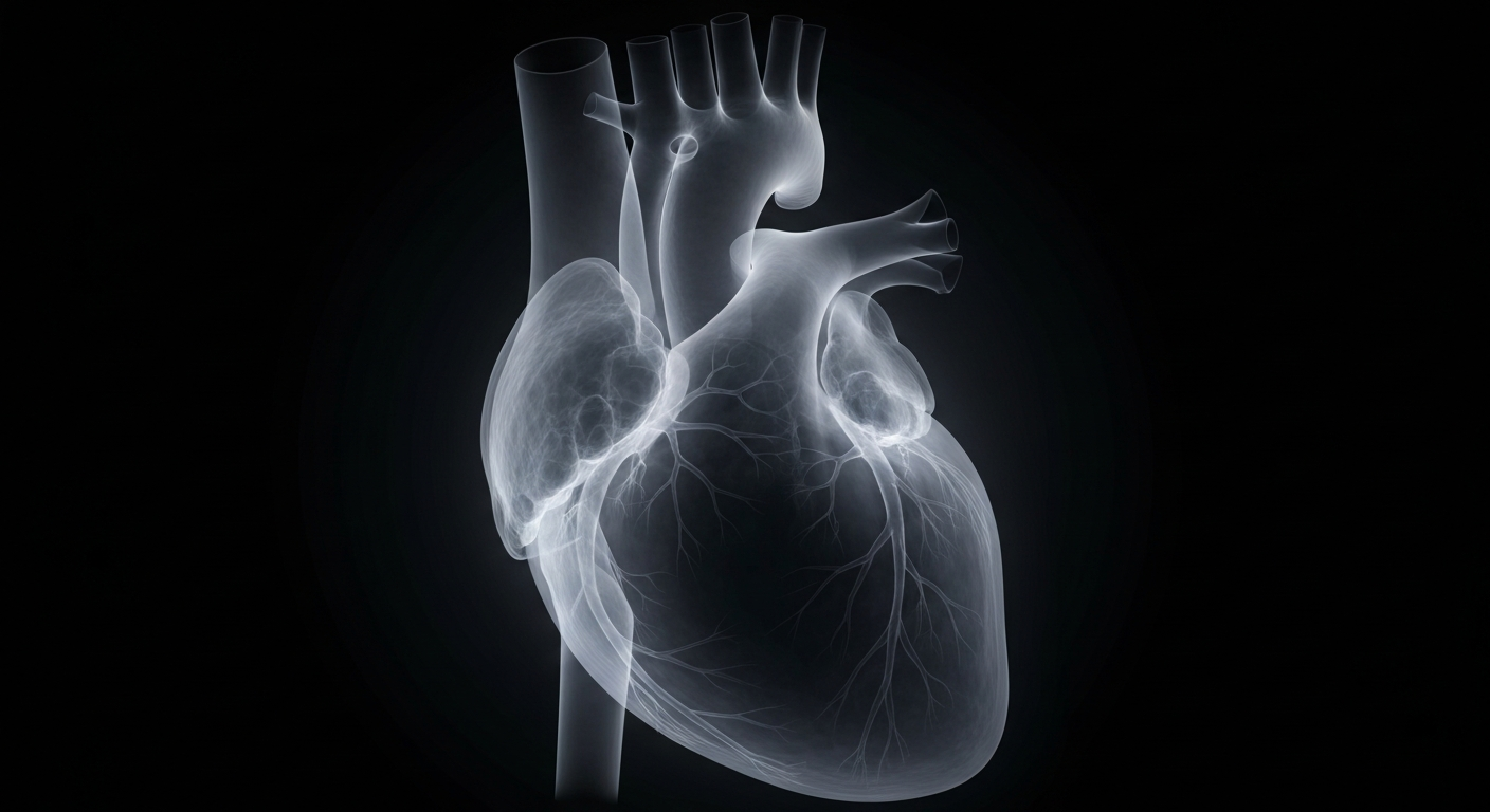 A ghostly, translucent X-ray photograph showing the intricate internal structure of a human heart, glowing with energy against a dark background, conceptually representing the critical role of emergency medical care.