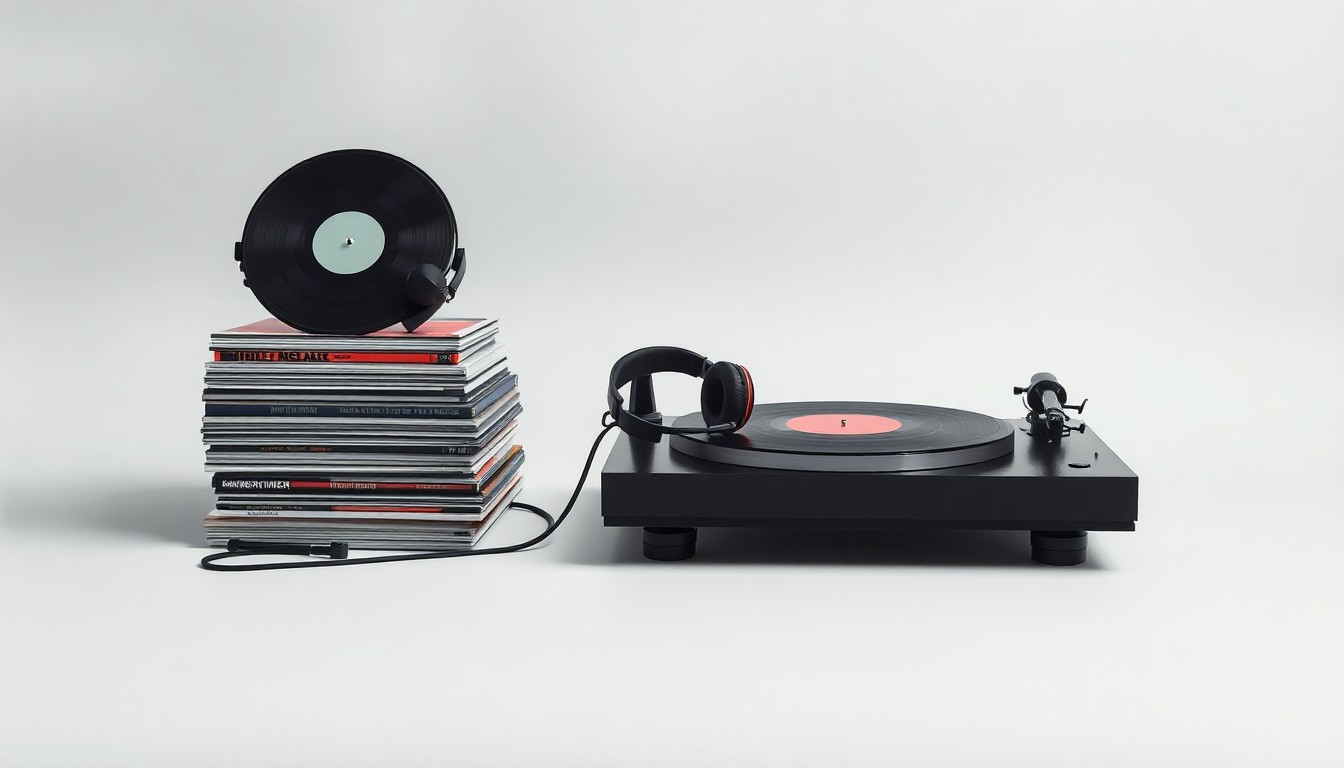 A high-end, photorealistic studio still-life photograph featuring a stack of vinyl records, a pair of headphones, and a sleek turntable on a clean, monochromatic background, conceptually representing the premium, polished nature of the music industry.