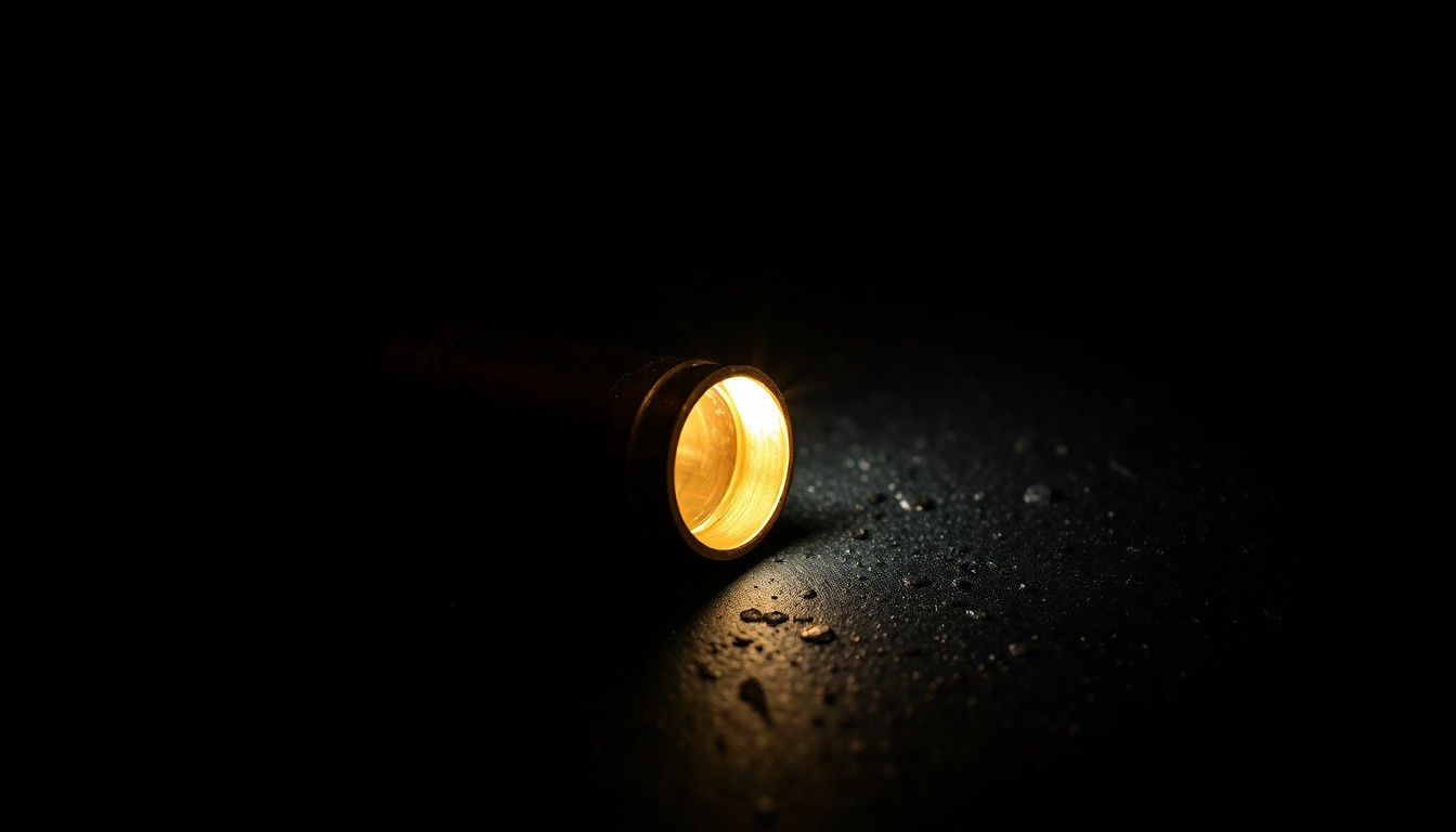 An extreme close-up photograph of a spent shell casing on a dark, textured surface, lit by a harsh, direct camera flash, conceptually representing the ongoing gun crime in the city.