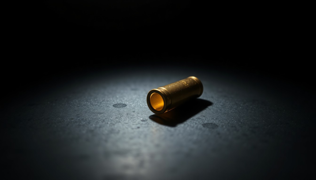 An extreme close-up photograph of a single spent shell casing on a dark surface, capturing the stark, gritty aftermath of a violent crime.