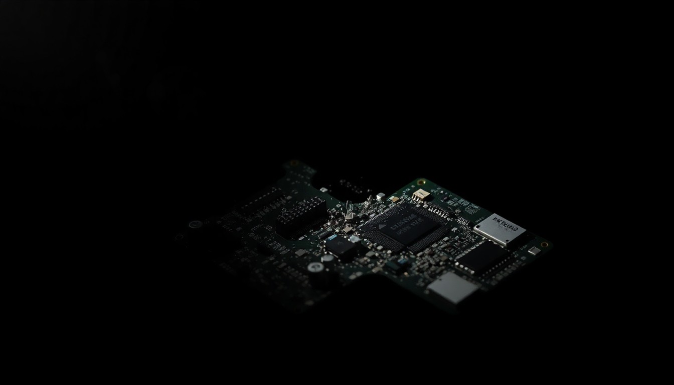An extreme close-up photograph of a shattered computer chip or circuit board, lit by a harsh, direct camera flash against a pitch-black background, conceptually representing the disturbing discovery of AI-generated child sexual abuse material.