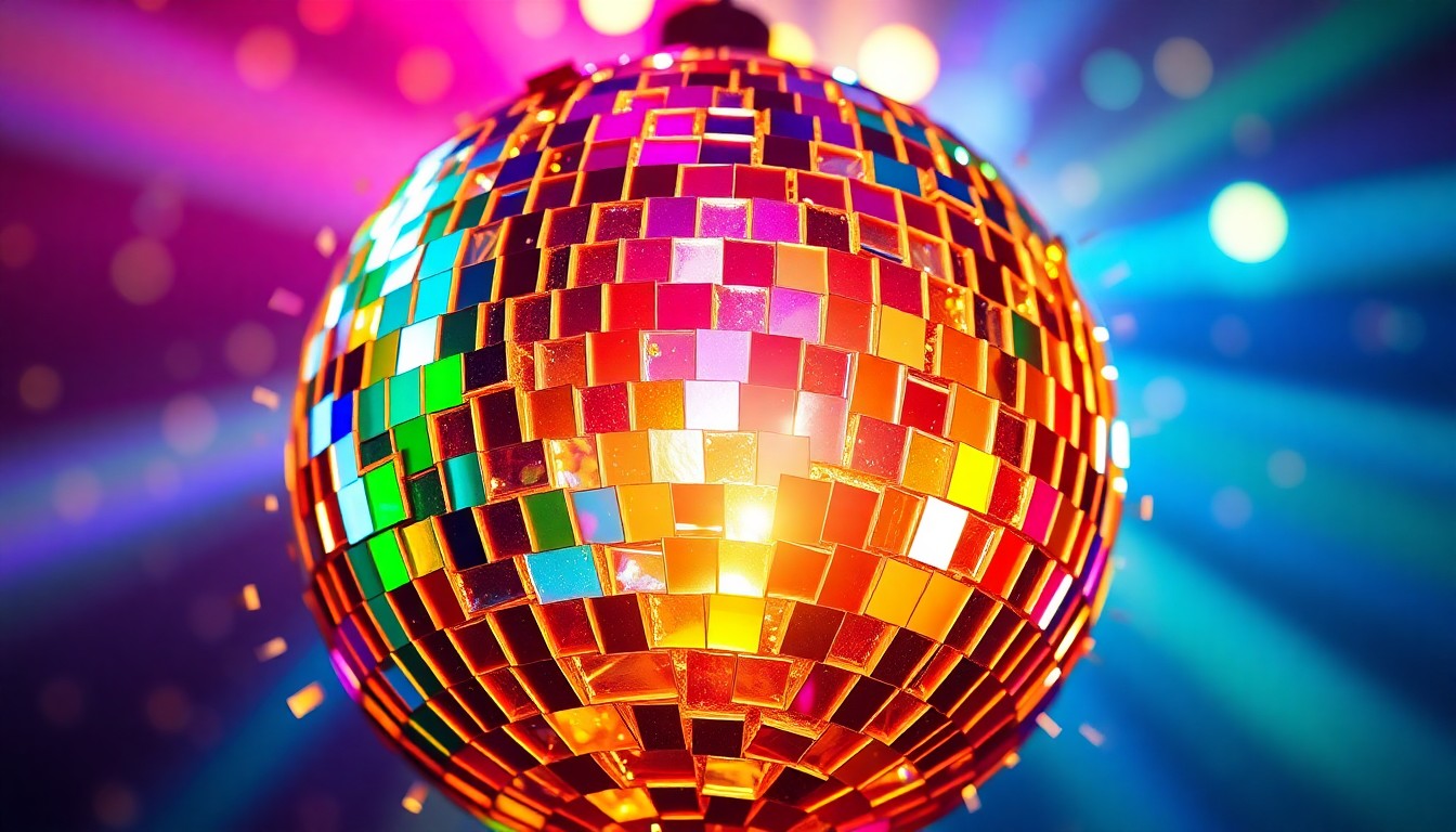 An abstract close-up photograph of a shattered disco ball reflecting a vibrant array of colorful lights, capturing the high-energy and glamorous atmosphere of a major music festival.