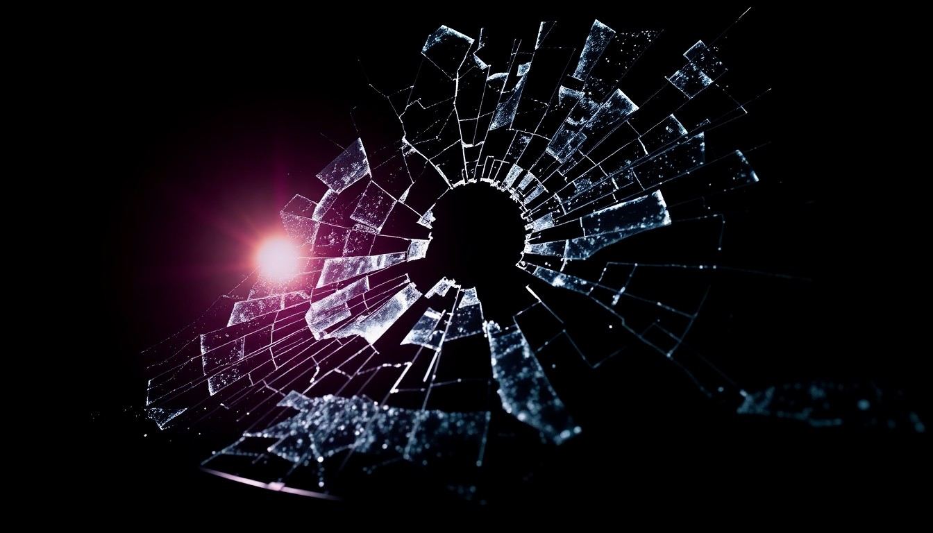 An extreme close-up photograph of a cracked and shattered car windshield, conceptually representing the tragic aftermath of a fatal pedestrian collision.