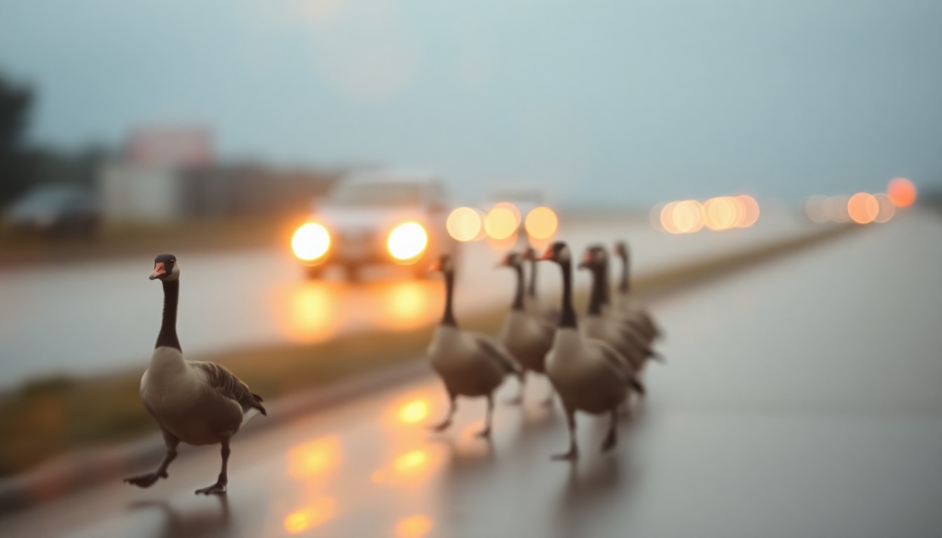 An abstract, impressionistic photograph of a blurred family of geese walking along the shoulder of a freeway, with soft, warm light and color creating a dreamlike, atmospheric scene.