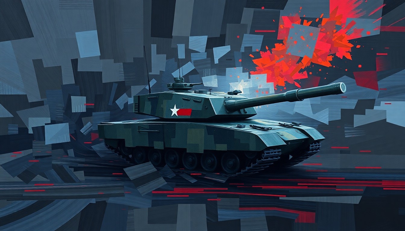 A dynamic, abstract painting featuring overlapping geometric shapes and fractured lines in shades of gray, blue, and red, conceptually representing the turbulent political and military situation surrounding the Trump administration's threats against Iran.