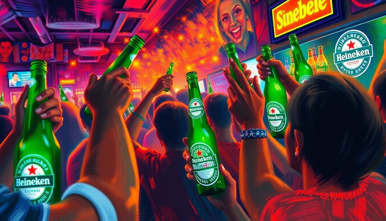 A dynamic, expressionistic painting in neon colors depicting the lively atmosphere of a sports bar celebration, with blurred figures raising Heineken bottles and a sense of energy and revelry.