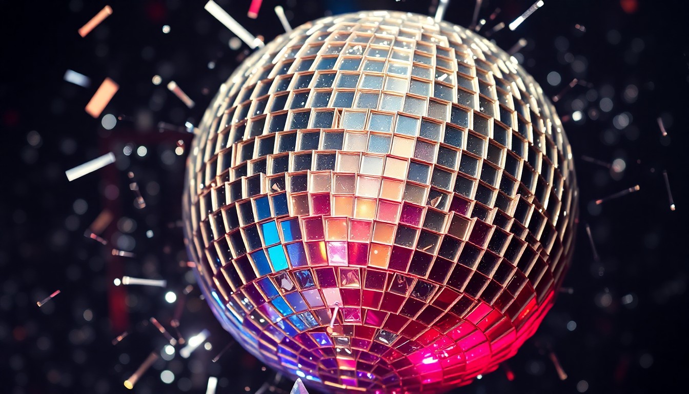 An abstract close-up photograph of a shattered disco ball reflecting glittering shards of light, conceptually representing the emotional connection between two music legends.