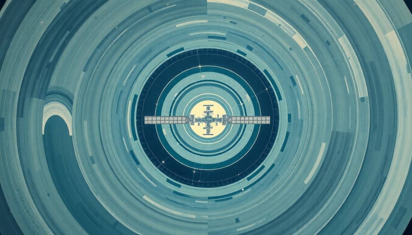 An abstract, geometric illustration in muted tones of blue, green, and gray, depicting the International Space Station and the vast expanse of space beyond, conveying the structural order and majesty of the cosmos.