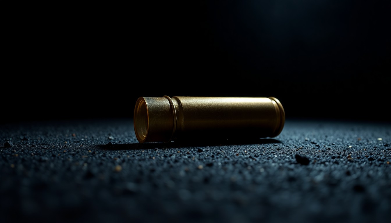 An extreme close-up photograph of a spent shell casing on a dark, gritty surface, conceptually illustrating the aftermath of a drive-by shooting.