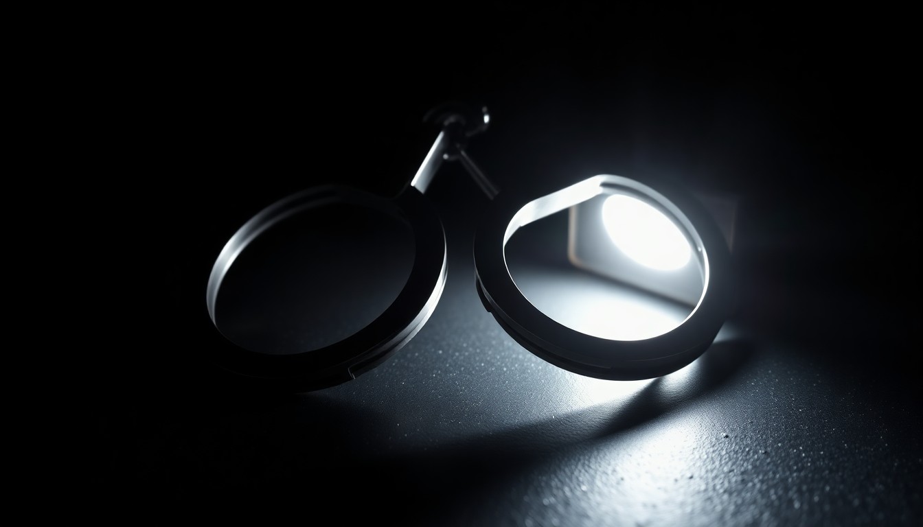 An extreme close-up photograph of metal handcuffs on a dark surface, creating a stark, gritty, and investigative aesthetic through the use of harsh, direct lighting.