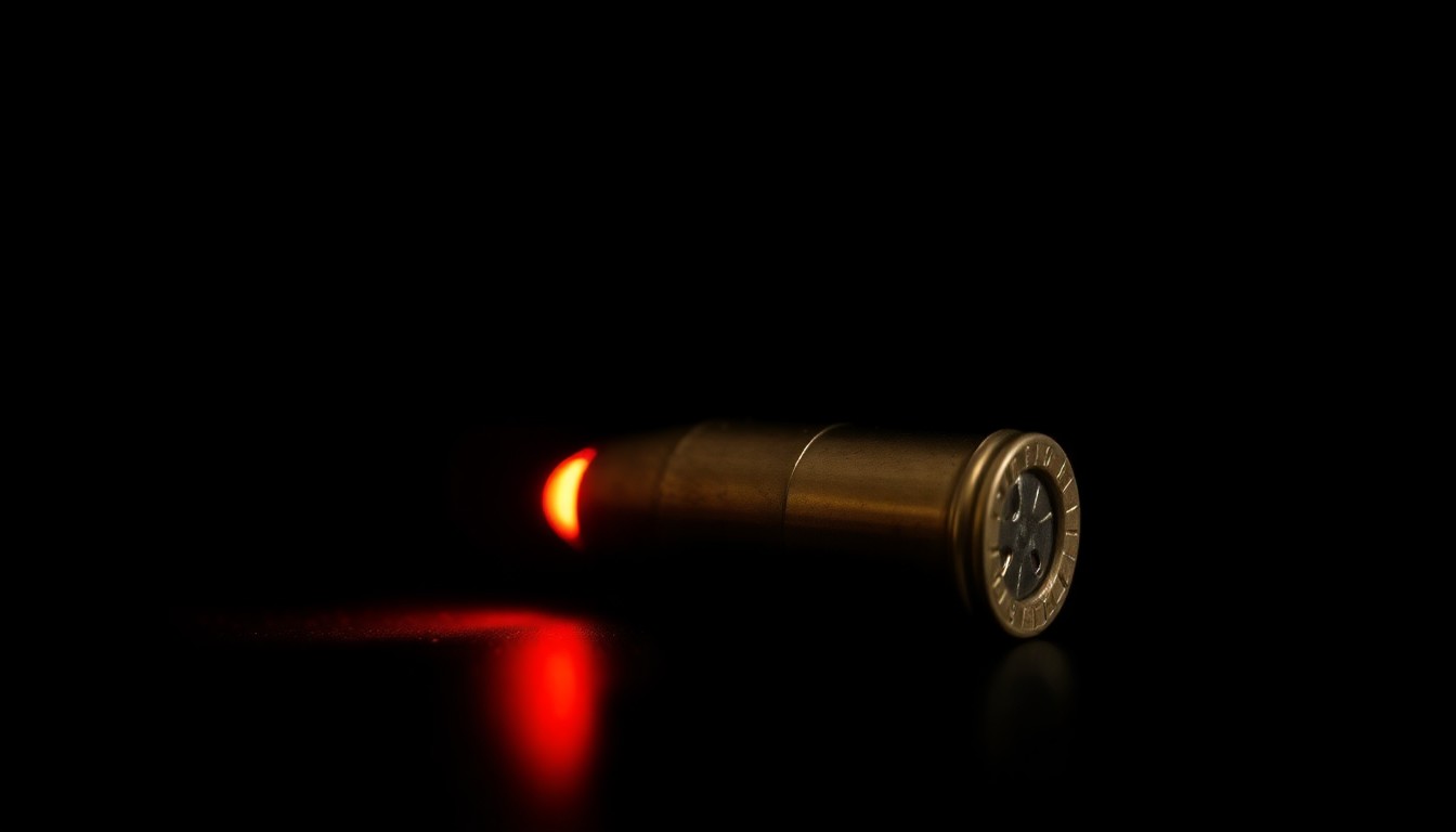 An extreme close-up photograph of a single spent bullet casing against a pitch-black background, the metallic surface reflecting a faint red glow under harsh lighting, conceptually representing the gritty aftermath of a drug-related shooting.