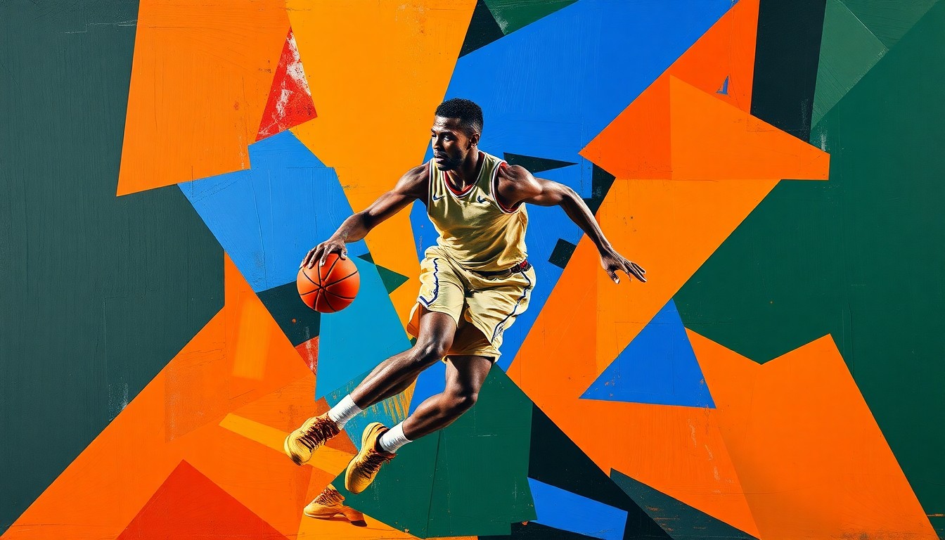 A fragmented, cubist-style painting depicting a basketball player in motion, with sharp geometric shapes in vibrant colors representing the dynamic nature of the sport and the player's transfer to a new team.