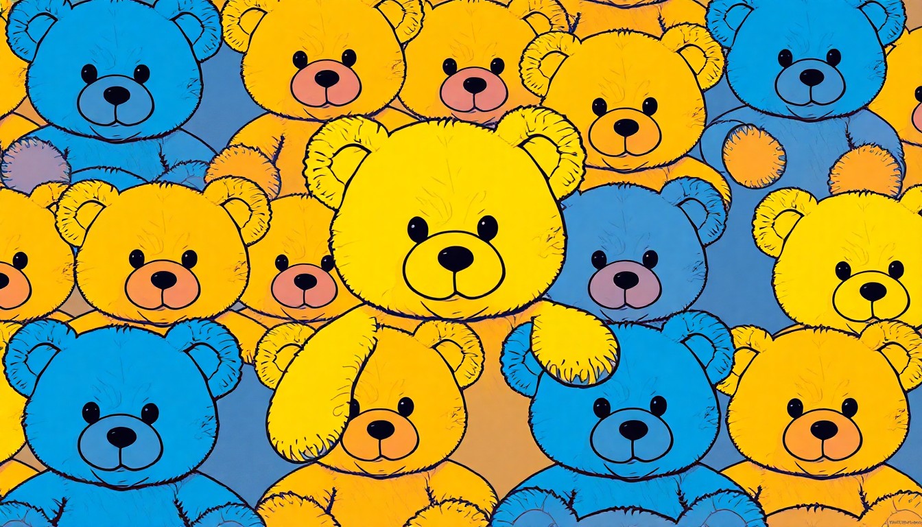 A highly stylized, abstract grid of brightly colored teddy bear toys, conceptually representing the vulnerability of children and the need to protect them from abuse.
