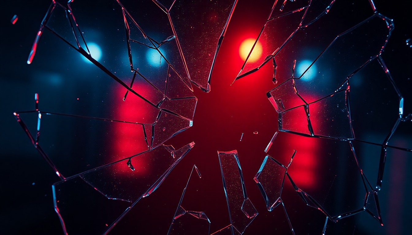 An abstract, high-contrast close-up photograph of shattered glass reflecting a faint red light, conveying a sense of tension and the aftermath of a violent incident in the entertainment industry.