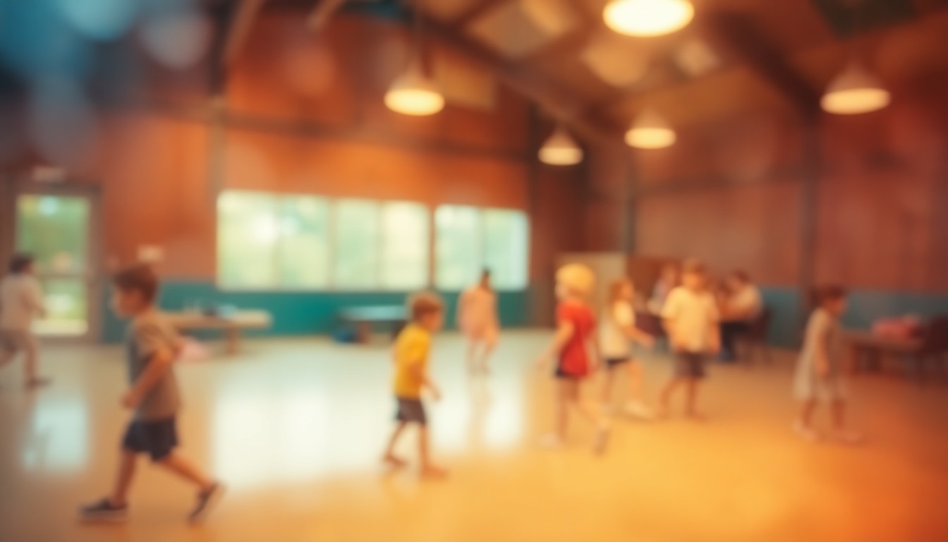 An abstract, impressionistic scene of blurred figures playing in a recreation center, captured in soft, warm tones and hazy, out-of-focus details.