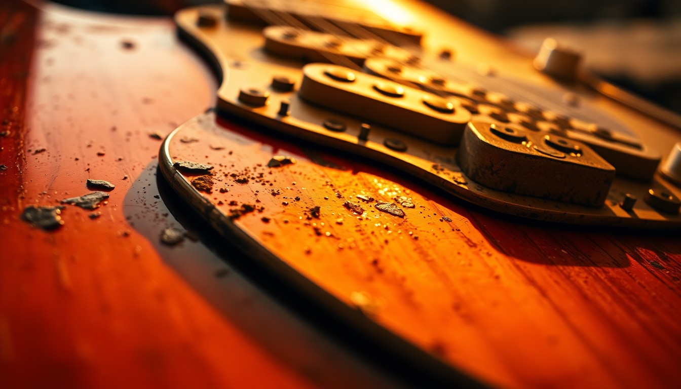 An abstract close-up photograph of the worn, textured surface of an electric guitar, capturing the gritty, high-contrast glamour of a rock band's instruments.