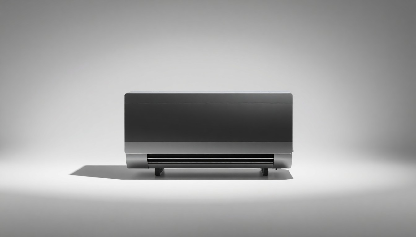 A high-end, photorealistic studio still-life photograph of a sleek, minimalist ductless HVAC indoor unit made of polished metal and glass, arranged elegantly on a clean, monochromatic background and illuminated by dramatic studio lighting to conceptually represent the advanced technology and efficiency of ductless climate control solutions.