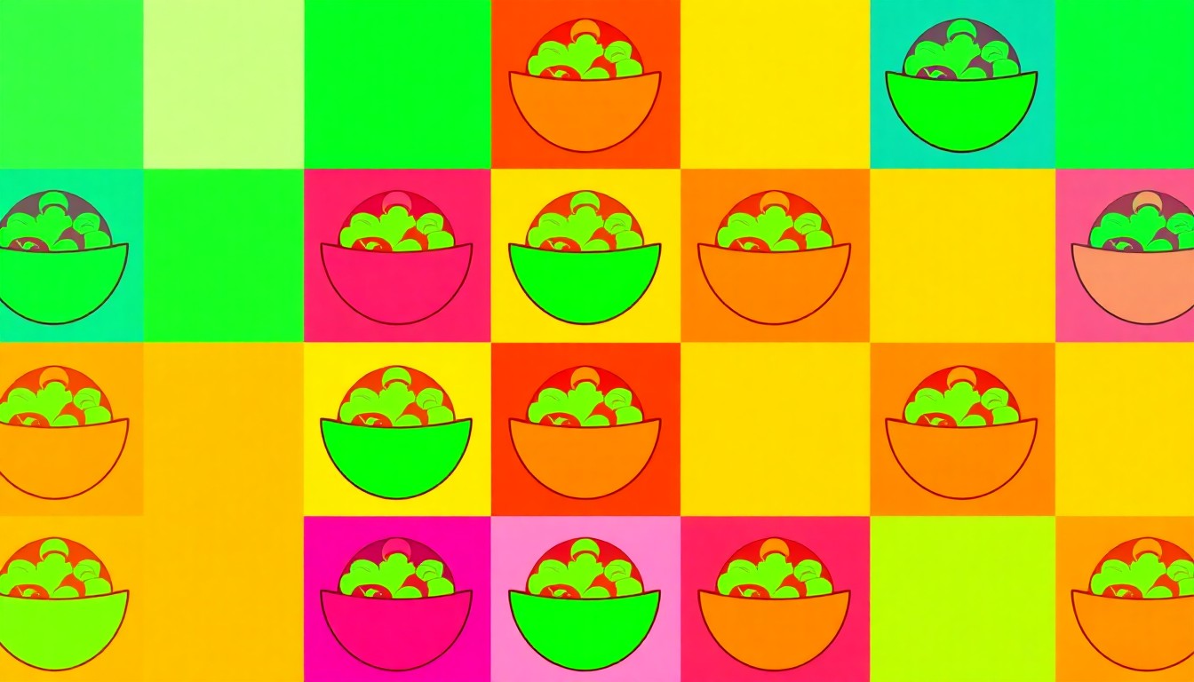 A vibrant, pop art-inspired illustration featuring a repeated pattern of a stylized salad bowl icon in neon colors and bold black outlines, capturing the healthy and modern appeal of the new Salata restaurant in Nocatee.