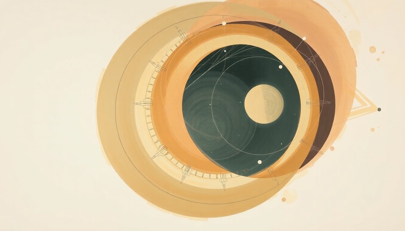 A bold, abstract painting in earthy tones depicting the Artemis II spacecraft's lunar flyby, with sweeping geometric arcs, concentric circles, and precise spirals representing the spacecraft's journey and the grandeur of the moon.