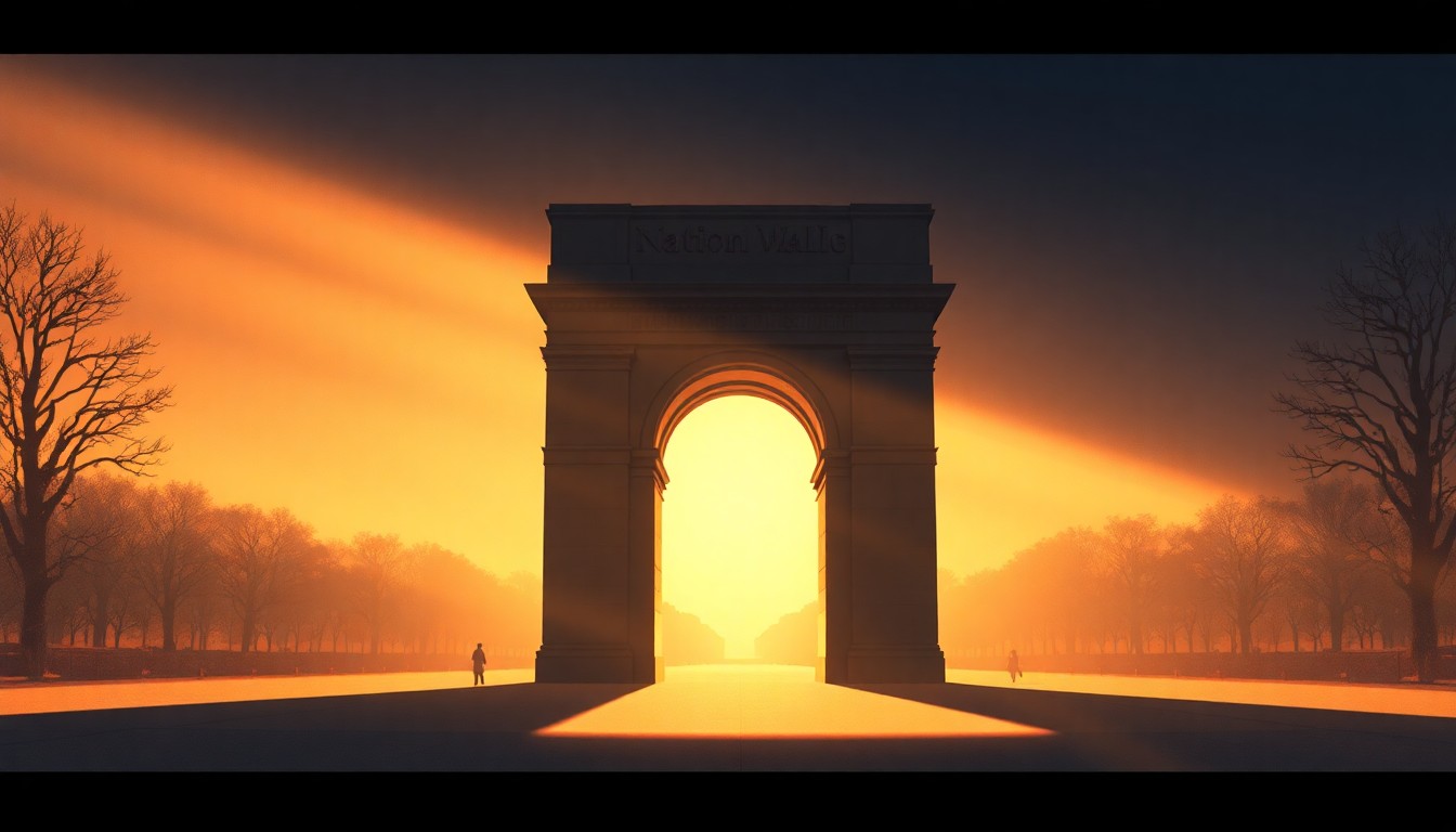 A serene, cinematic painting of a large stone archway standing alone on the National Mall, with the Lincoln Memorial visible in the distance through the archway's opening.