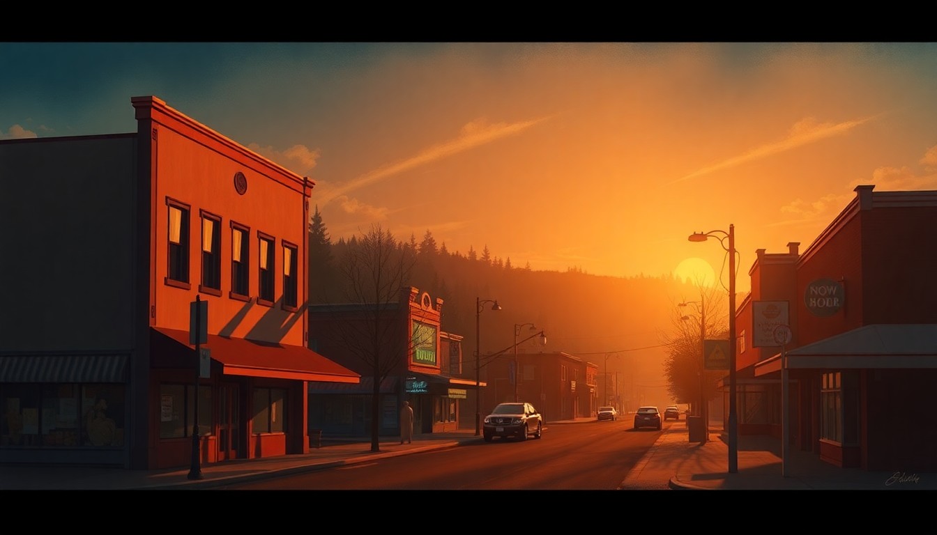 A serene, nostalgic painting of a small-town main street in Estacada, Oregon, with warm sunlight casting long shadows on the buildings and sidewalks, conceptually representing the community's balance of progress and preservation.