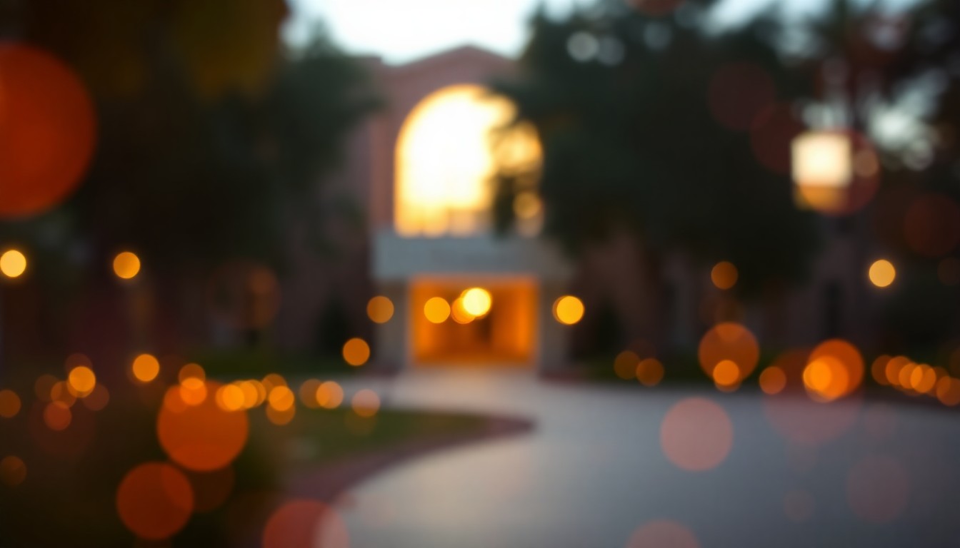 An abstract, out-of-focus photograph of the exterior of a museum, with warm pools of light and color creating a soft, dreamlike atmosphere that evokes the historical significance of the site.