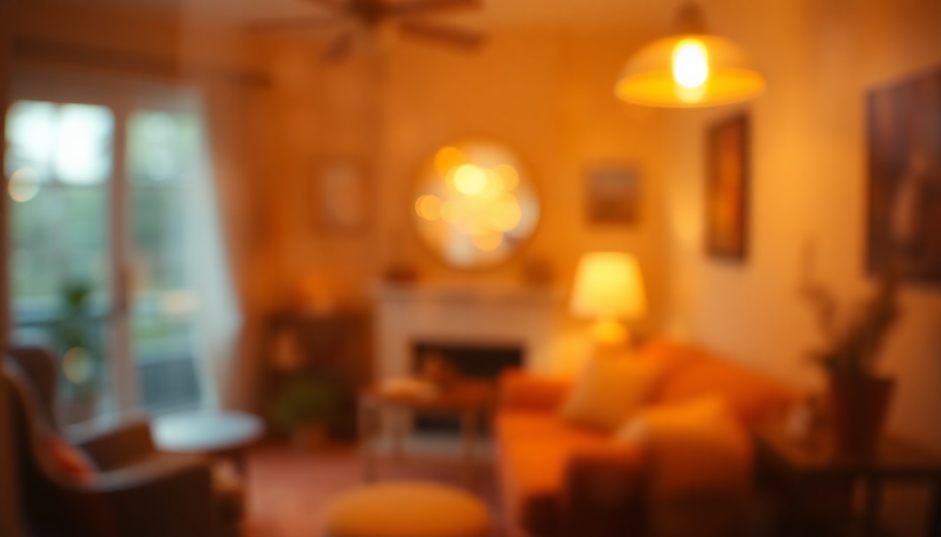 An abstract, impressionistic photograph of soft, blurred shapes in warm tones of amber, peach, and cream, evoking the comforting atmosphere of a lived-in home.