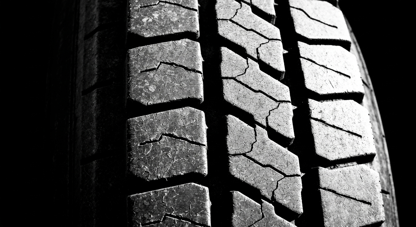 An extreme close-up of the worn, cracked rubber tread of a large commercial truck tire, conveying the poor condition of the vehicle's safety equipment.