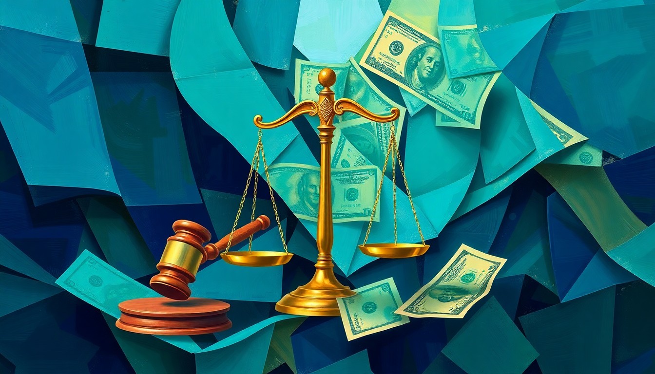A dynamic, abstract painting featuring fragmented images of a gavel, scales of justice, and dollar bills in overlapping, geometric waves of deep blue, emerald green, and gold, conveying a sense of urgency and disruption around the DOJ's new fraud enforcement efforts.
