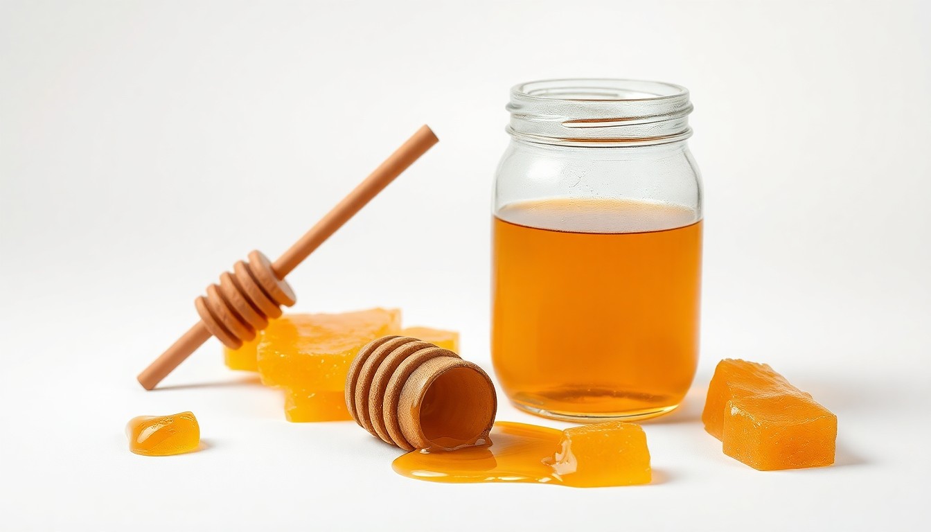 A high-end studio photograph featuring a glass jar filled with golden honey, a wooden honey dipper, and a few honeycomb pieces arranged elegantly on a clean, white background, conveying the abstract concepts of honey production and the resilience of small-scale beekeepers.