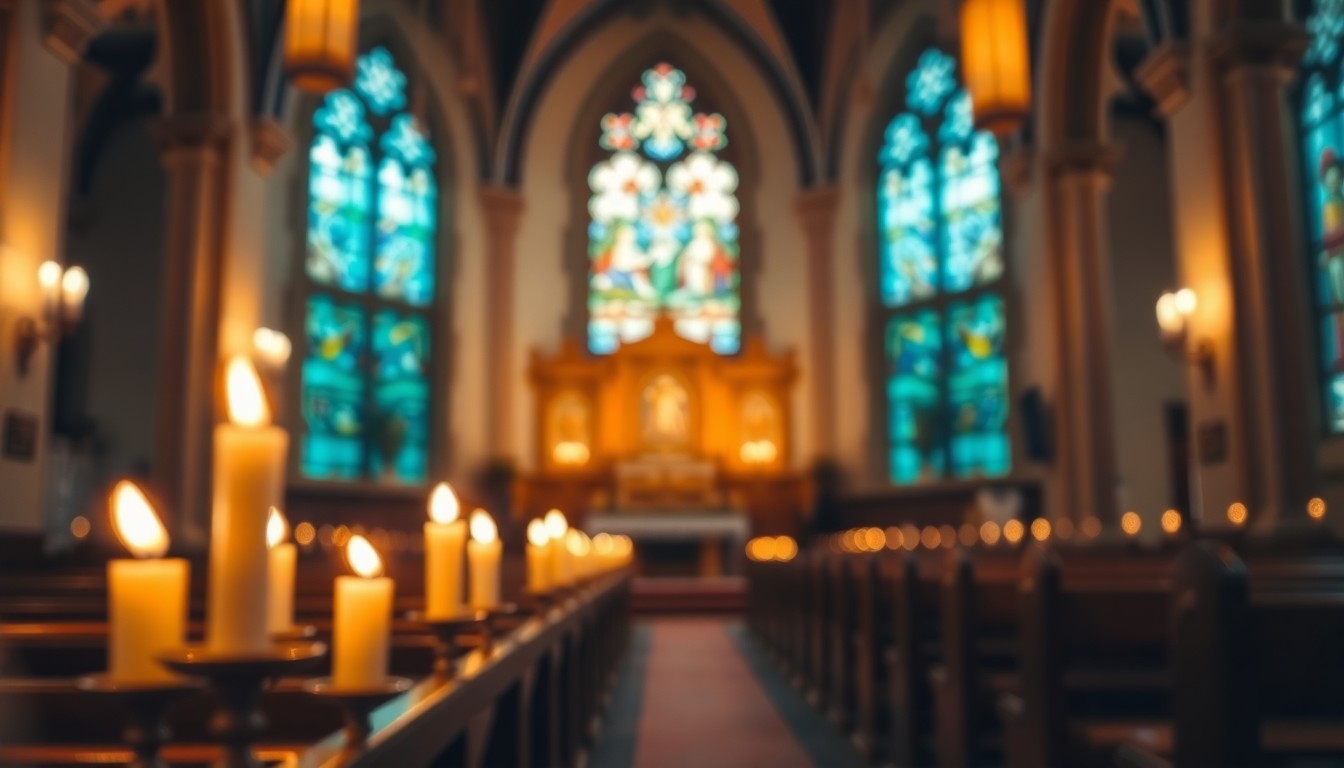 A serene, abstract photograph of a Catholic church interior, with blurred candles, pews, and stained glass windows in a warm, hazy color palette, conveying a sense of reverence and community.