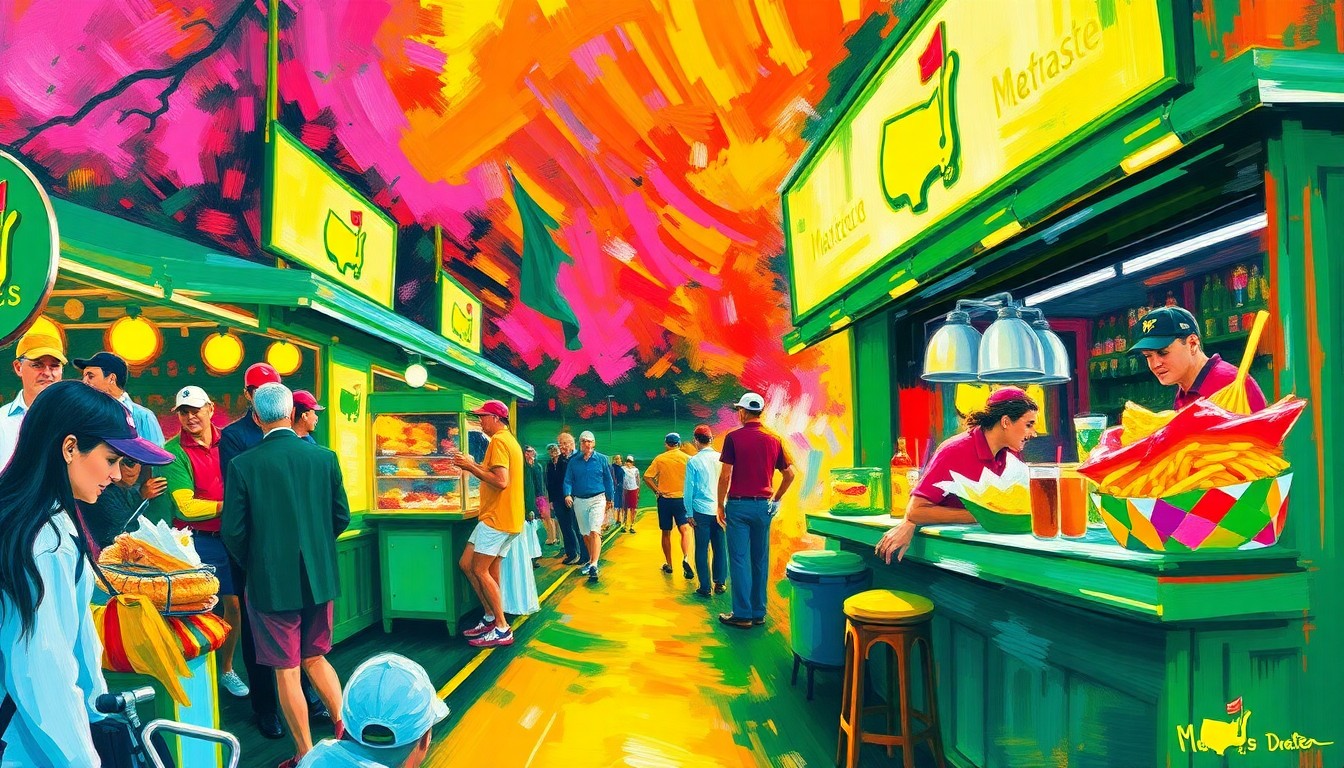 A dynamic, colorful painting featuring bold brushstrokes and neon hues that capture the vibrant energy and iconic food items of the Masters golf tournament concession stands.