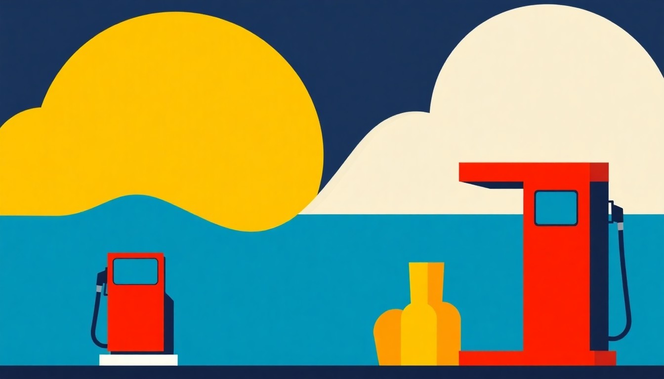 A geometric abstract illustration featuring overlapping triangles and circles in shades of red, blue, and yellow, conveying the rising cost of gasoline and its economic implications for the local community.