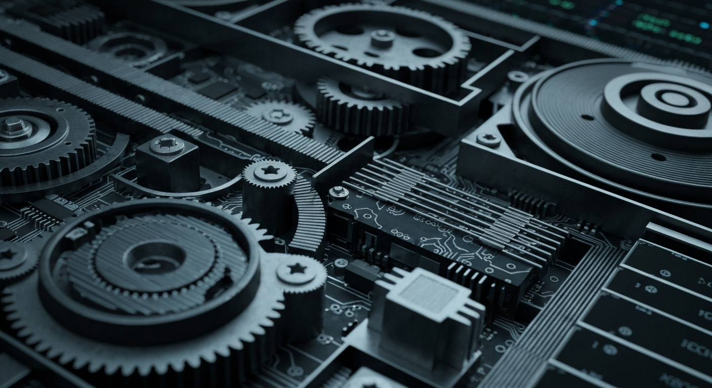 A close-up, cinematic image of the inner workings of a cryptocurrency trading platform, with gears, circuits, and other industrial machinery visible, conveying a sense of power, security, and technological sophistication.