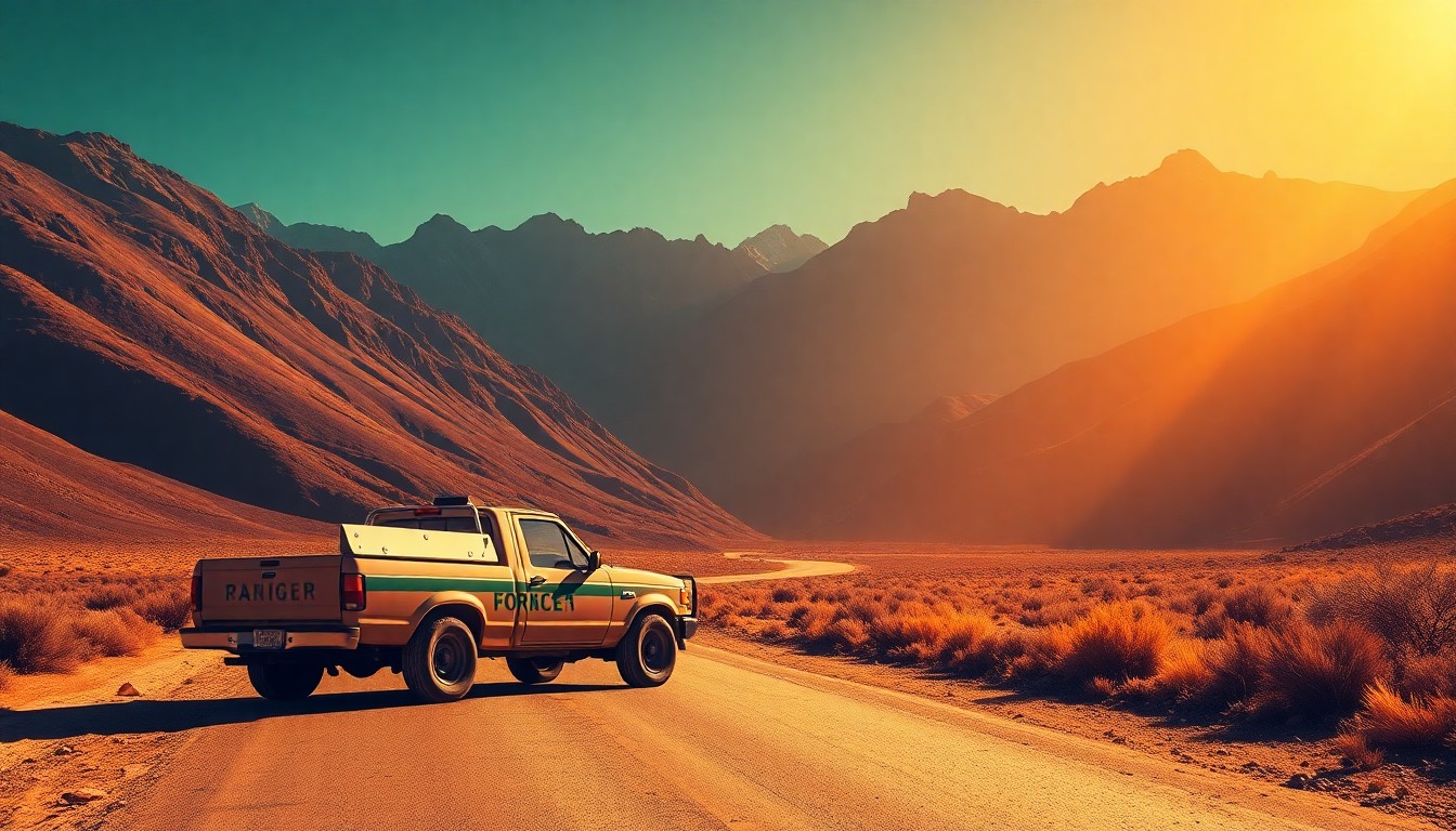 An oil painting in the style of Edward Hopper depicting a lone Forest Service truck parked on a winding mountain road, with the vehicle and surrounding landscape bathed in warm, dramatic lighting and deep shadows.
