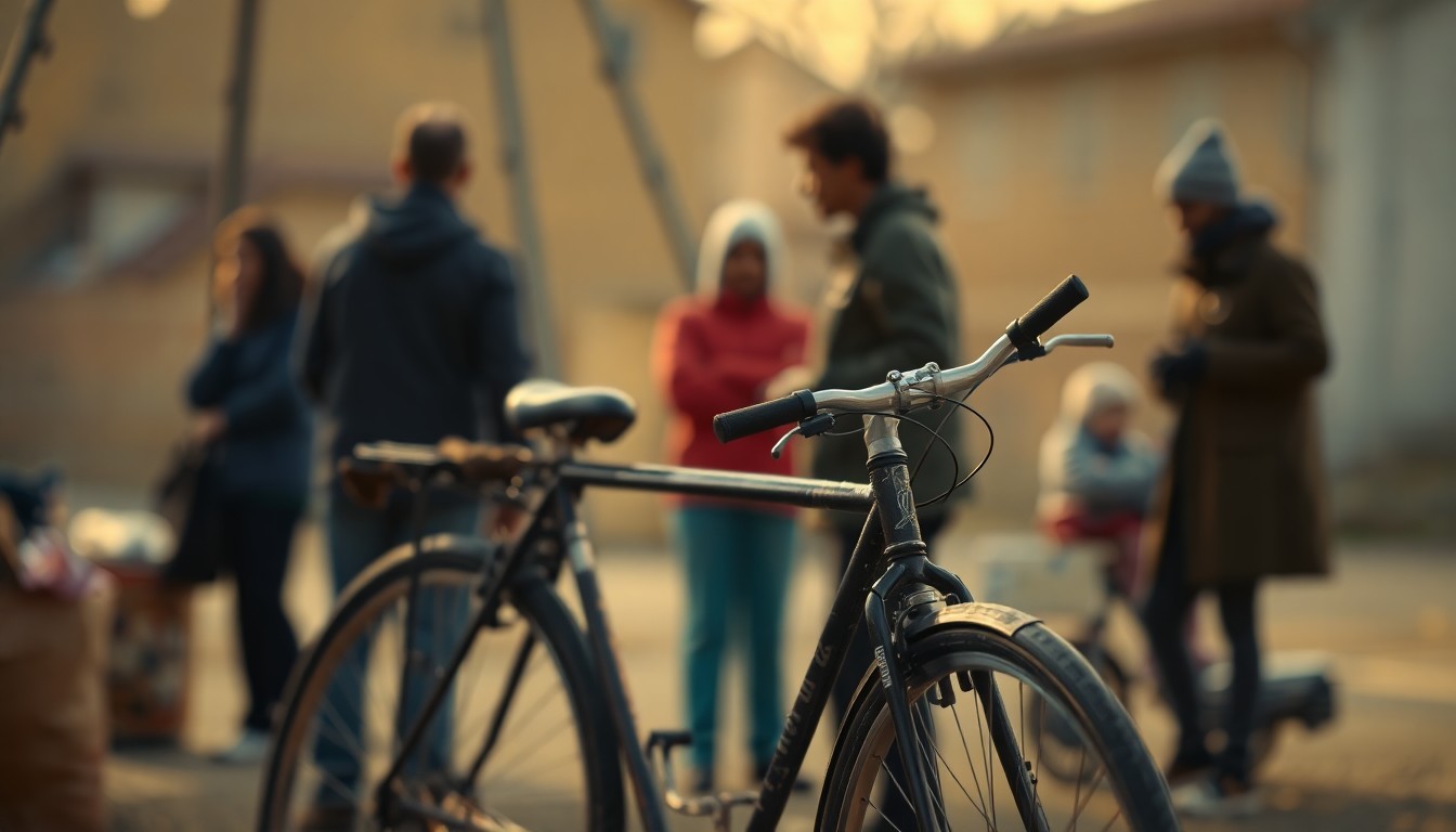 An abstract, impressionistic photograph showing the blurred outline of a bicycle being repaired, with soft, hazy figures in the background, conveying a sense of community and service.