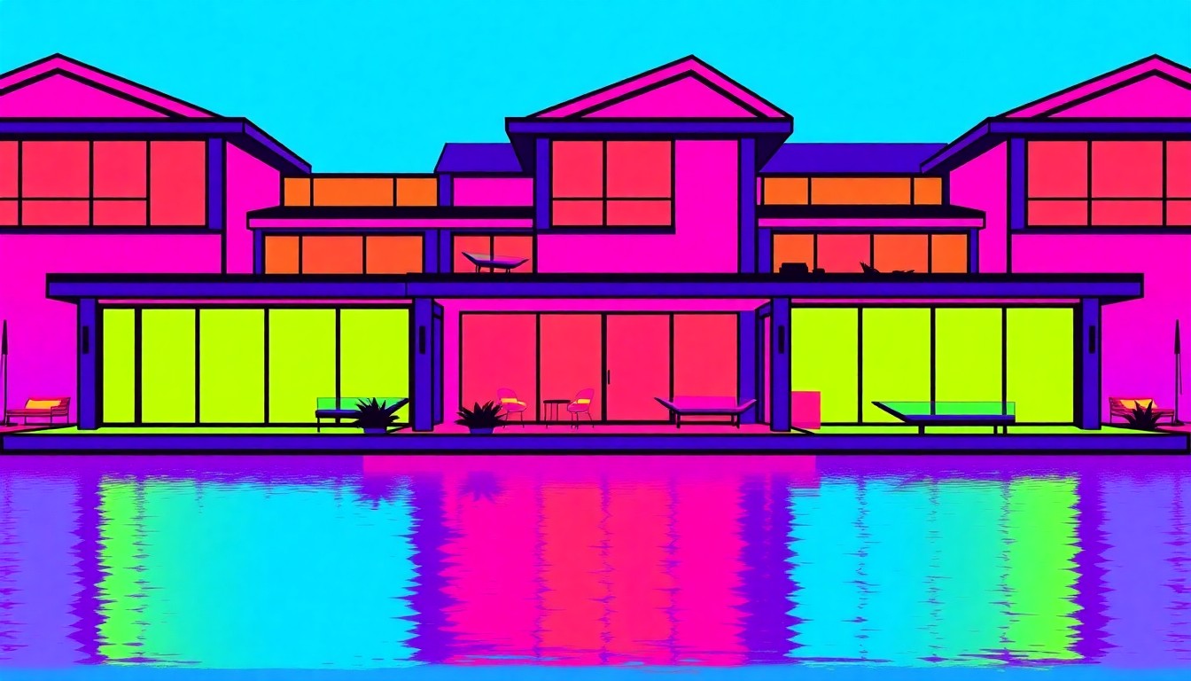 A brightly colored, high-contrast silkscreen print of a modern lakeside dock repeated in a tight grid pattern, conceptually representing the premium outdoor living space and waterfront access of this luxury home.