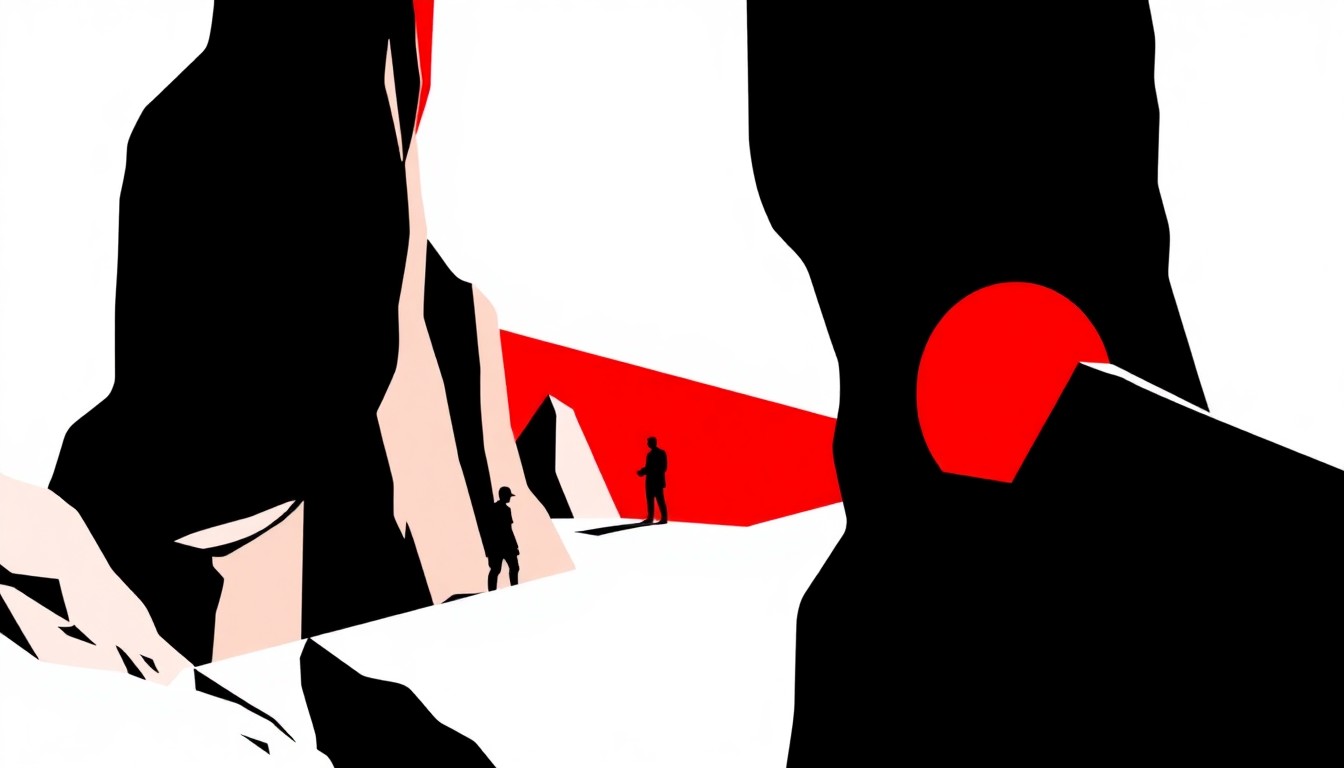 A dramatic, abstract composition of jagged, overlapping geometric shapes in bold red and white, conceptually representing the fantasy world of Fourth Wing without any literal depictions.