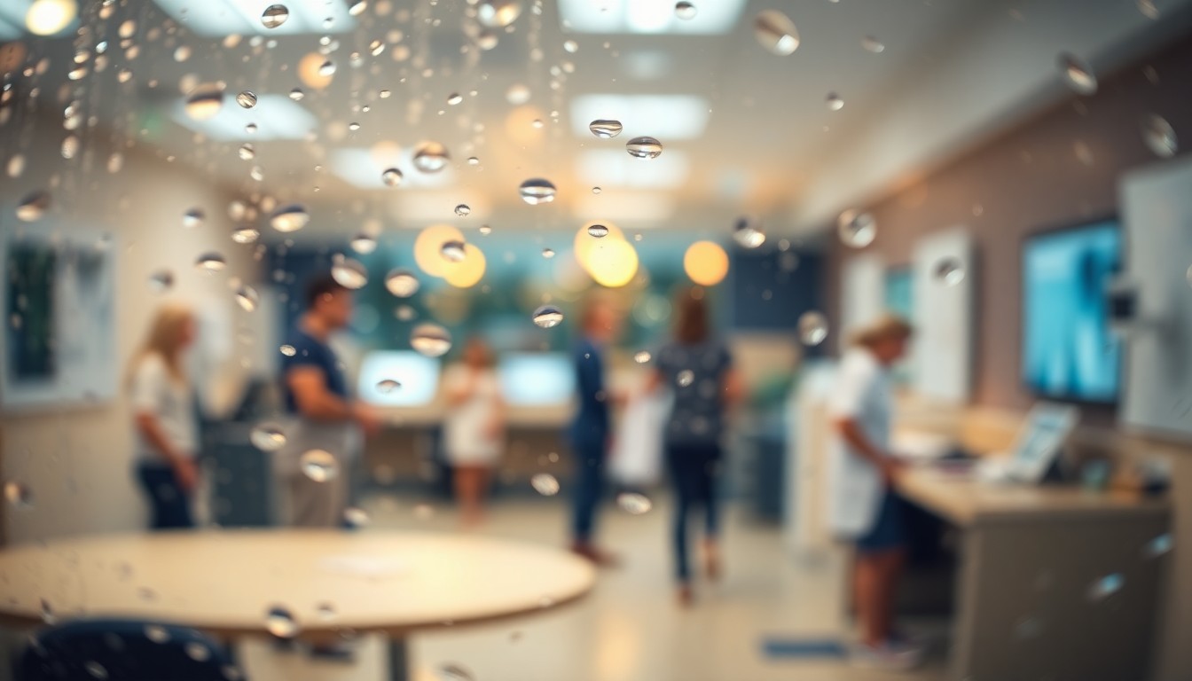 An abstract, impressionistic scene of soft, blurred light and color, conveying the welcoming and educational atmosphere of the nursing simulation lab open house.