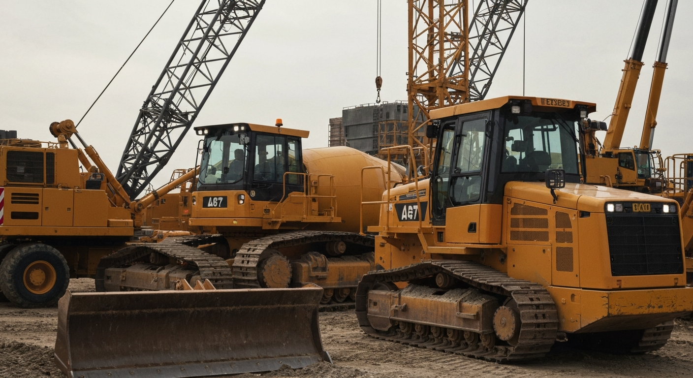A cinematic close-up of industrial construction equipment, such as a crane or bulldozer, conveying the physical and mechanical nature of the homebuilding business.