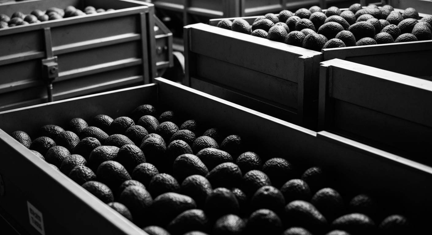 A high-contrast, black-and-white close-up image of the intricate machinery and mechanisms involved in the industrial processing and distribution of avocados, conveying the complex and powerful infrastructure behind the global avocado trade.