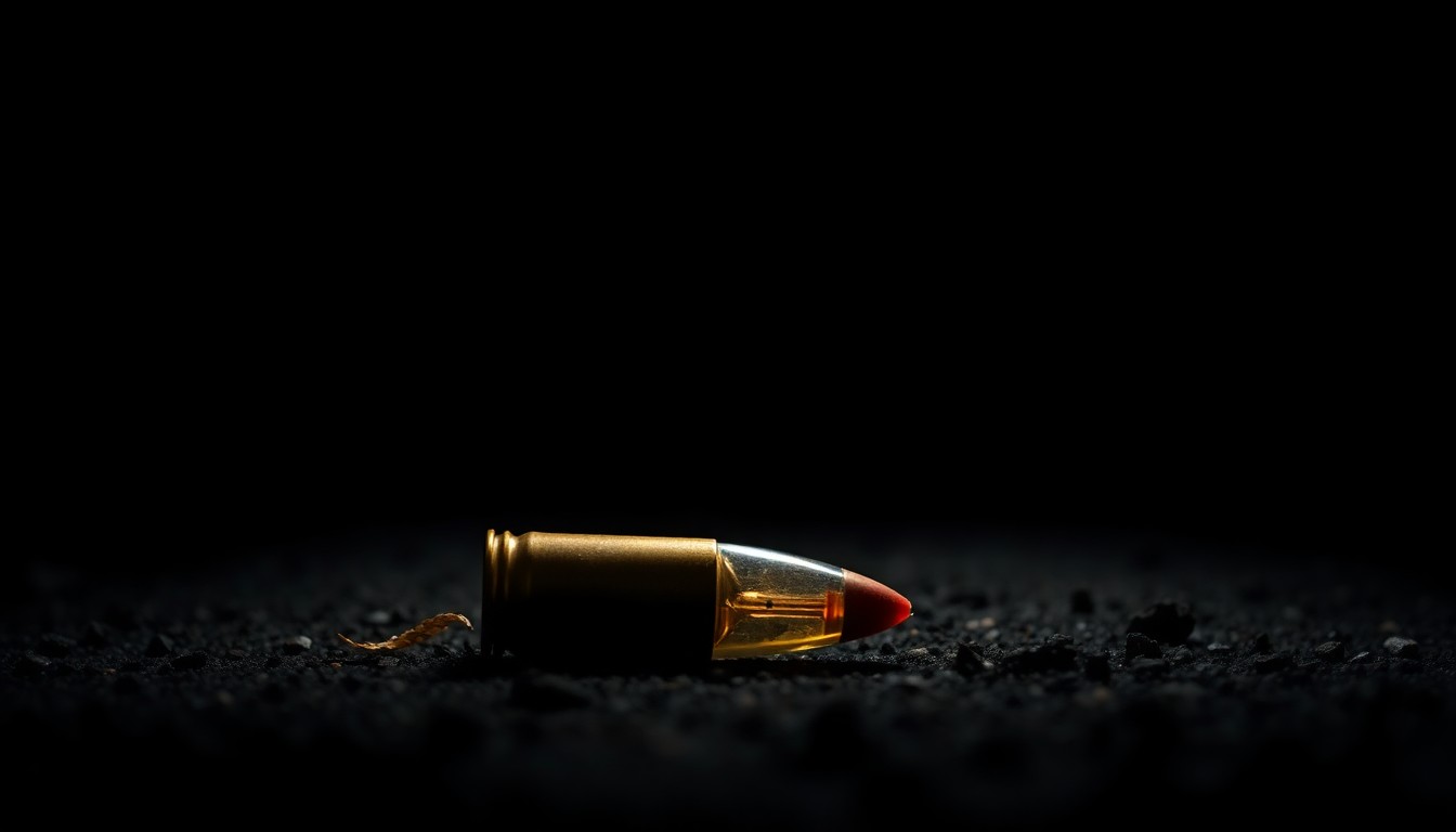 An extreme close-up of a spent bullet casing on the ground, lit by a harsh flash against a dark background, conveying the serious, investigative nature of the incident.