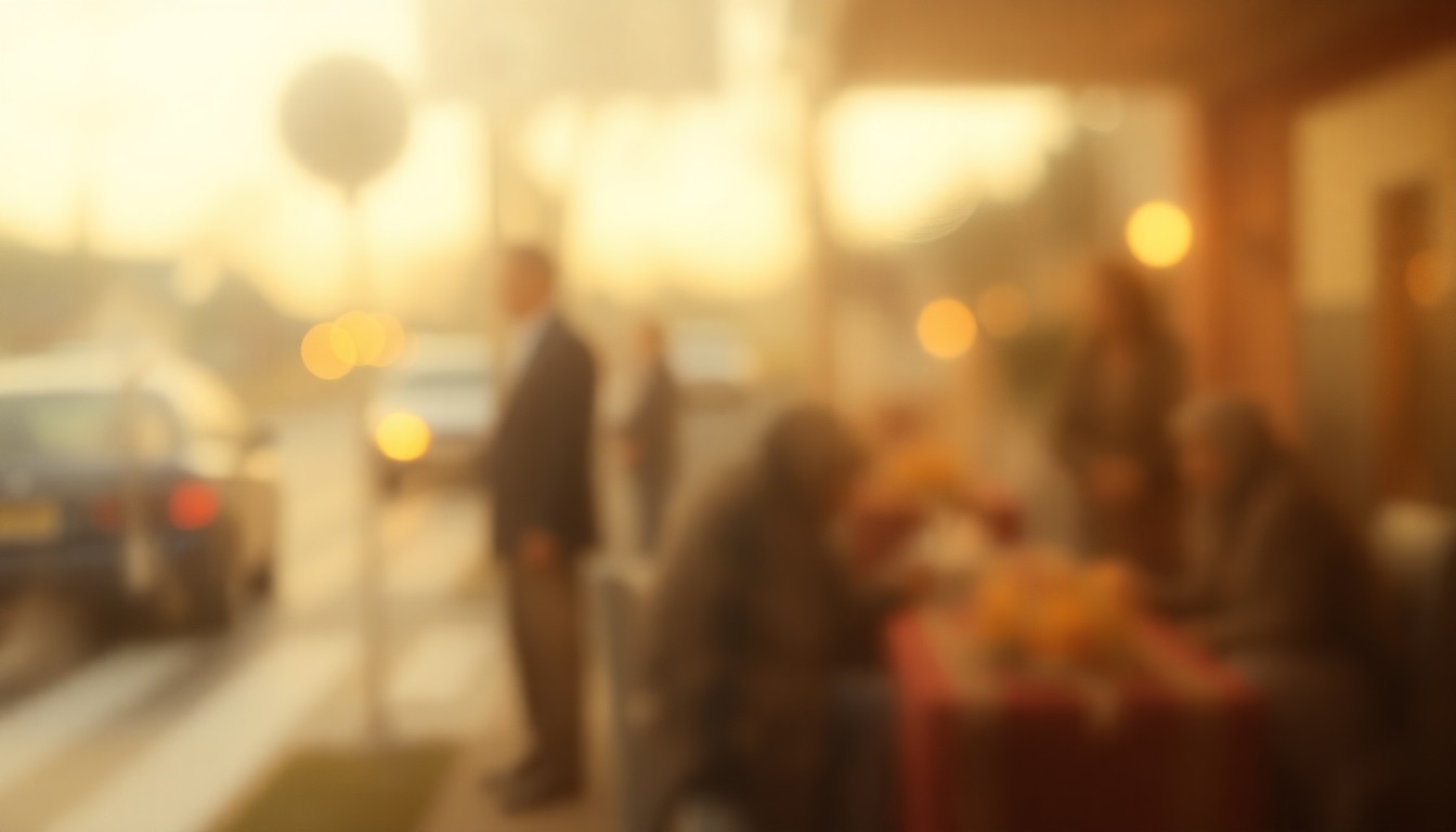 An abstract, impressionistic scene of soft, blurred light and color, evoking the reflective, melancholy mood of a small-town funeral.