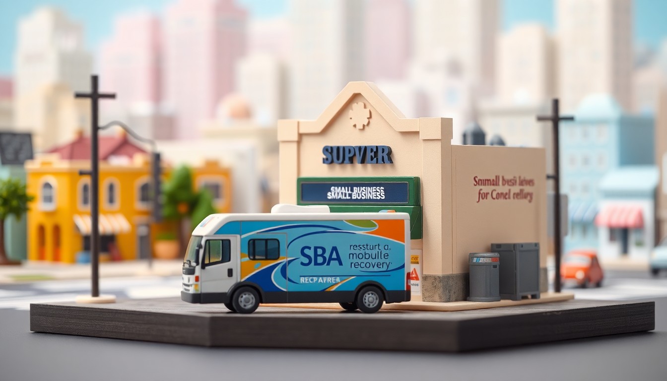 A detailed, isometric 3D digital illustration showing a small business storefront with an SBA mobile recovery vehicle parked outside, surrounded by a stylized cityscape in bright, cheerful colors, conveying a sense of community support and resilience in the face of disaster.