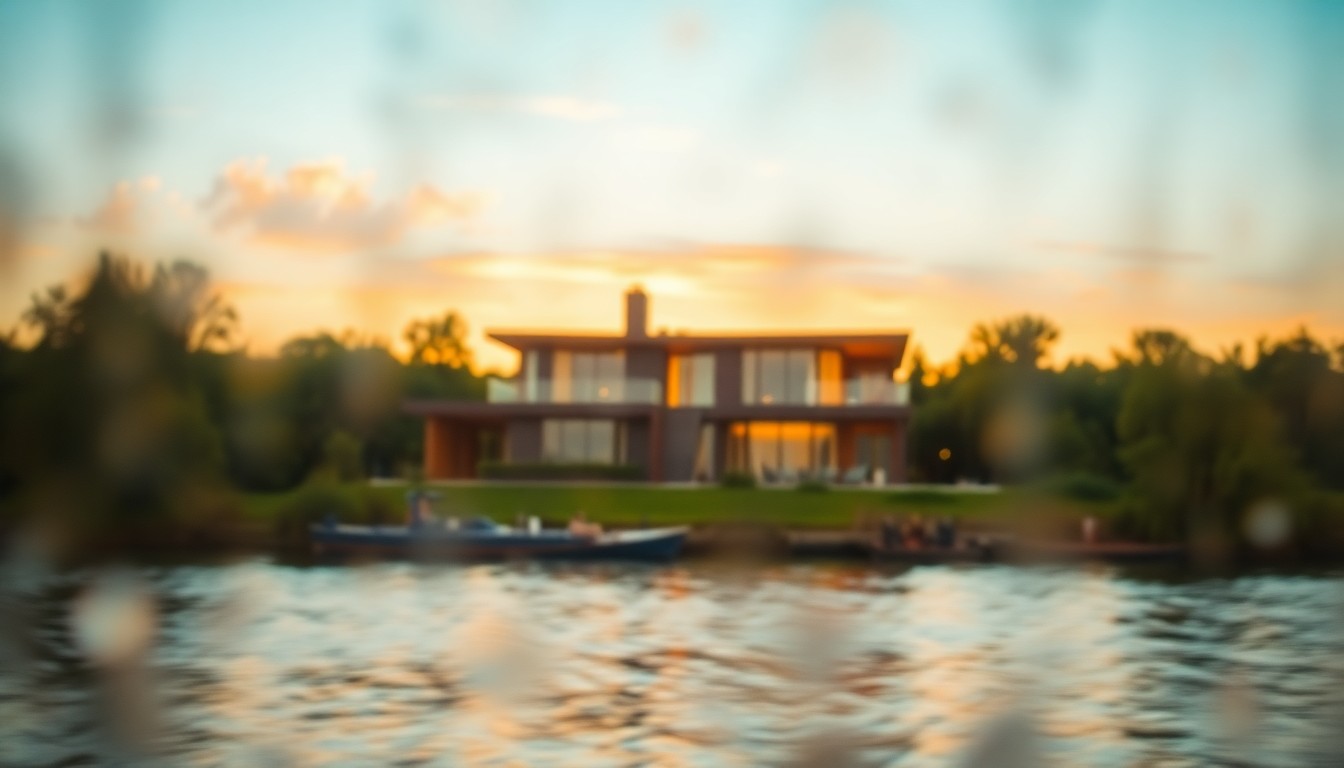 An impressionistic, out-of-focus photograph showing the exterior of a modern, riverfront home surrounded by lush greenery and reflecting the warm, golden light of the sunset, conveying a sense of peaceful tranquility.