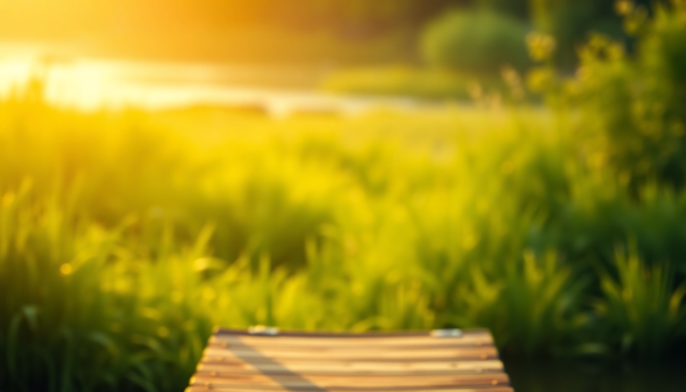 A soft, impressionistic photograph of a lush, green riverbank with the faint outline of a wooden dock or pier in the foreground, bathed in warm, golden light, conveying a sense of tranquility and natural beauty.